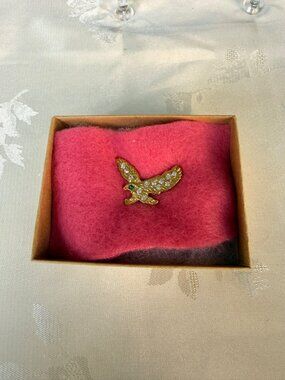 Gold-Tone Rhinestone Eagle Lapel Pin w/ Green Rhinestone Eye Accent